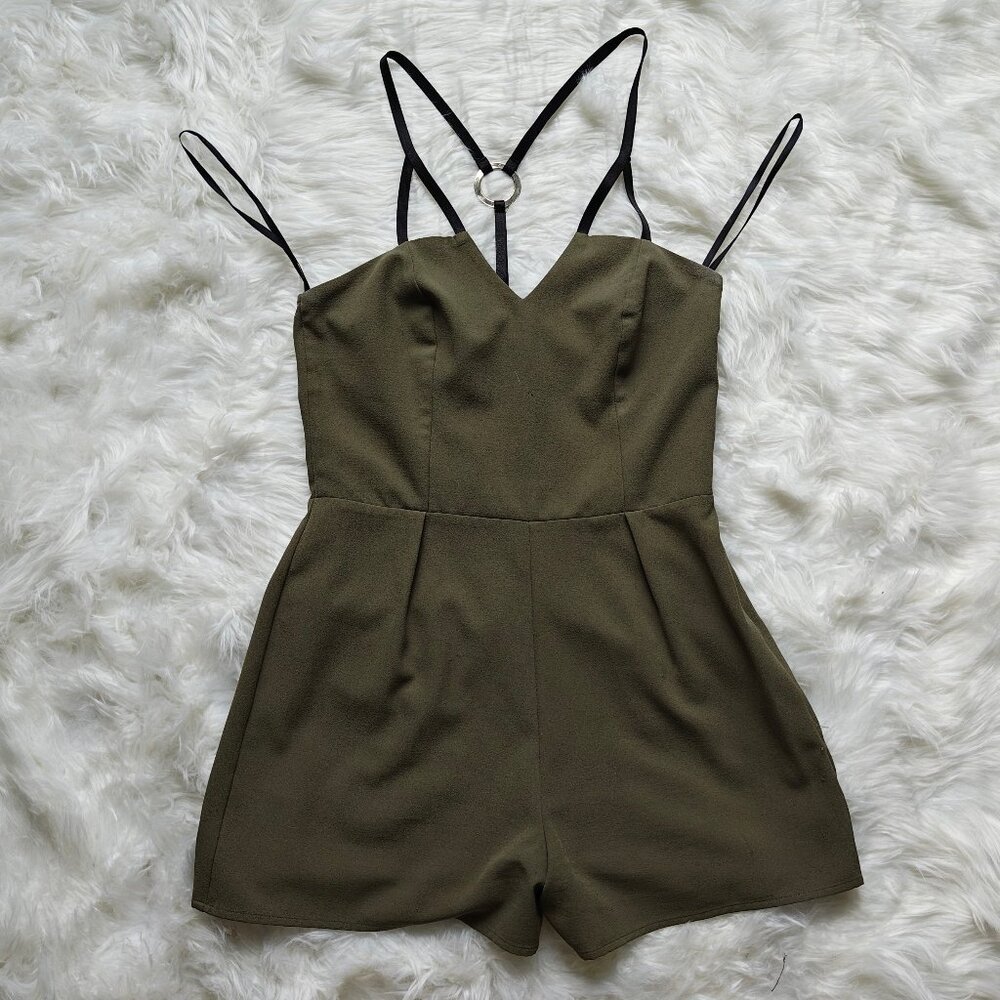 Bebe Army Green Ribbon Strap Romper, SIZE Medium